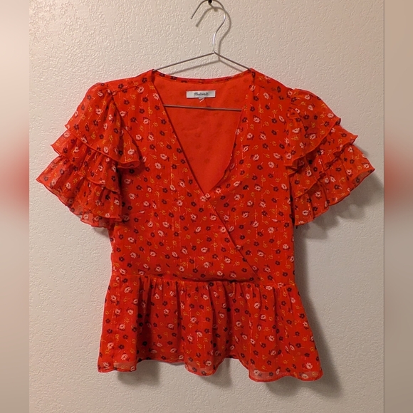 Madewell Tops - Madewell Red Wrap Peplum Blouse